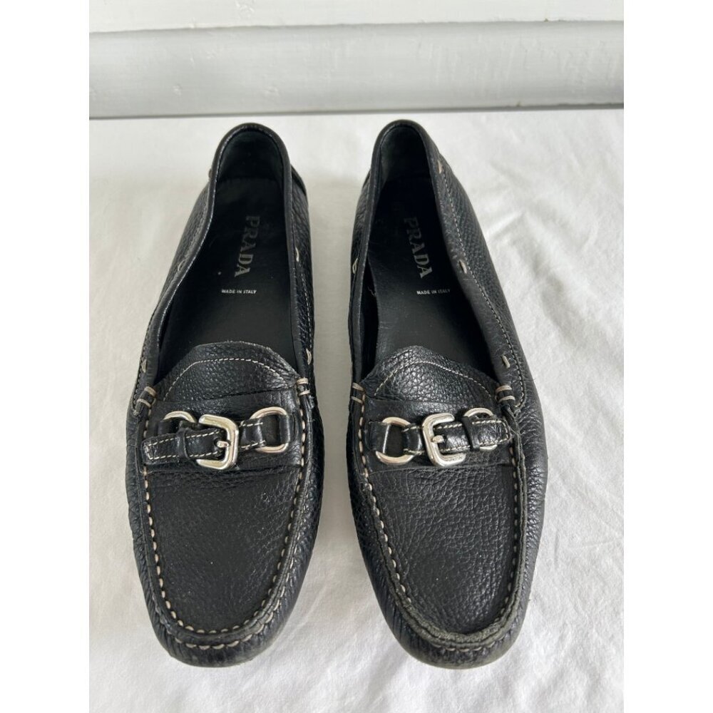 Prada Black Leather Bit Loafers Moccasinsโ Driving Flats Pebbled Slip-On Size 38